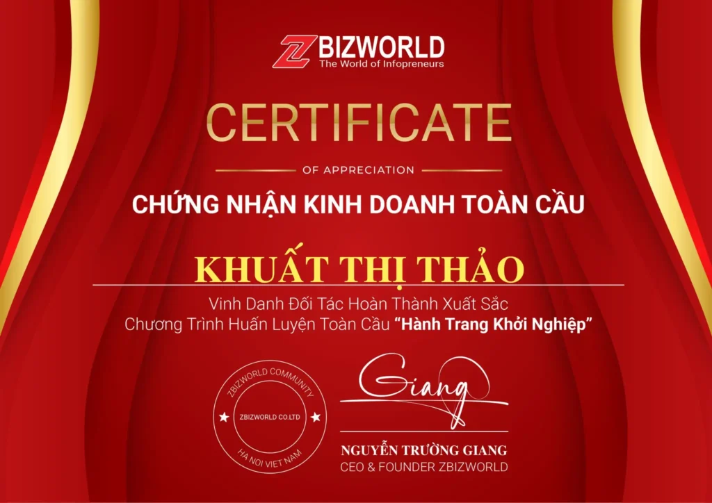 Chứng nhận Hành Trang Khởi Nghiệp của Khuất Thị Thảo
